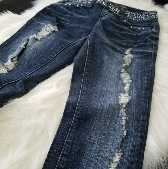 Skinny Dark Wash Ripped Jeans with Rhinestones - Picture 5 of 8